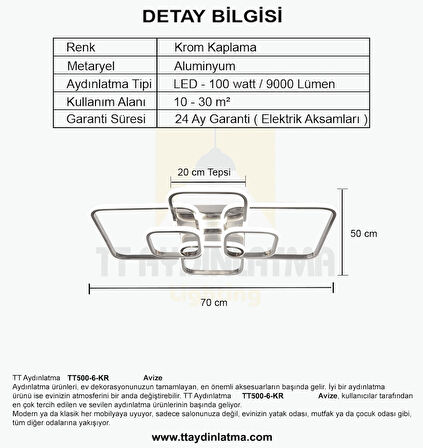 TT500-6-KR TT Aydınlatma Krom Kaplama ( 3 Renk Işık Modüllü ) Plofonyer 6 lı Led Avize