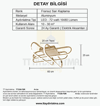 TT338-FSR TT Aydınlatma Kasef Model ( Gün Işığı ) Fransız Sarı Kaplama Led Avize