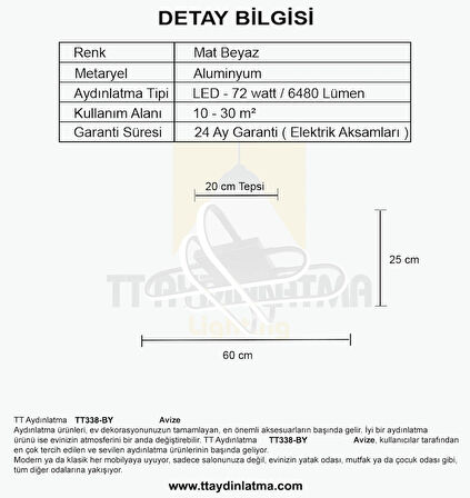 TT338-BY TT Aydınlatma Kasef Model ( Beyaz Işık ) Mat Beyaz Kaplama Led Avize