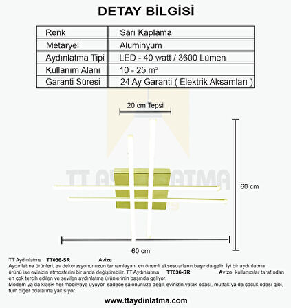 TT036-SR-GNR TT Aydınlatma Hashtag Modeli ( Gün Işığı ) Sarı Kaplama Led Avize