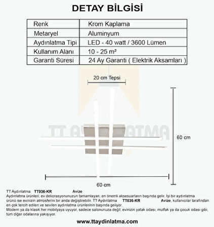 TT036-KR-SARIIŞIK TT Aydınlatma Hashtag Modeli ( SARI IŞIK ) Krom Kaplama Led Avize
