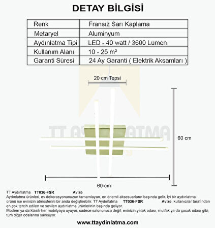 TT036-FSR-SRR TT Aydınlatma Hashtag Modeli ( SARI IŞIK ) Fransız Sarı Kaplama Led Avize