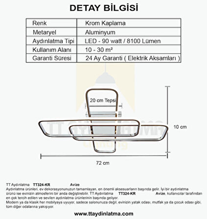 TT324-KR TT Aydınlatma 57 x 17 Profil Krom Kaplama ( 3 Renk Işık ) Plafonyer Led Avize