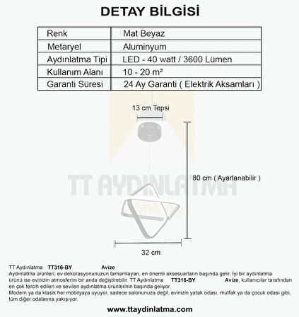 TT316-BY TT Aydınlatma 2Kare Modeli ( BEYAZ IŞIK ) Mat Beyaz Led Avize