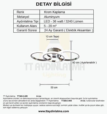 TT305-3-KR TT Aydınlatma ( SARI IŞIK ) Krom Kaplama 3 lü Led Avize