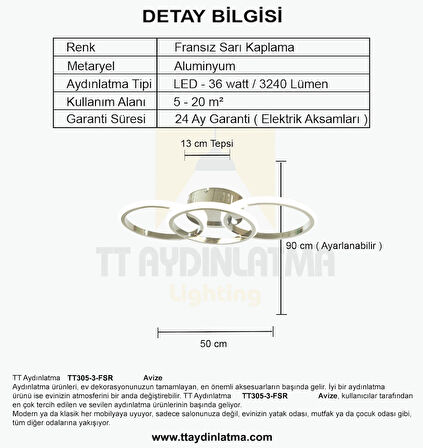 TT305-3-FSR TT Aydınlatma ( 3 RENK IŞIK ) Fransız Sarı Kaplama 3 lü Led Avize