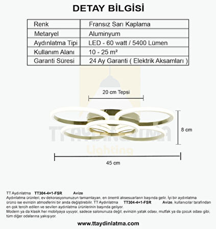 TT304-4+1-FSR-3RN YUVARLAK TT Aydınlatma 3 RENK IŞIK LED Fransız Sarı Kaplama 5 li Led Avize