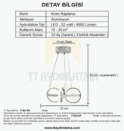 TT003-KR-BEYAZ IŞIK TT Aydınlatma BEYAZ IŞIK Sarmal Modeli Krom Kaplama Led Avize