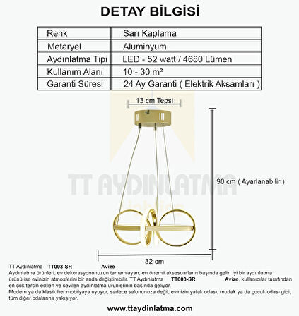 TT003-SR-BEYAZ IŞIK TT Aydınlatma BEYAZ IŞIK Sarmal Modeli Gold Sarı Kaplama Led Avize