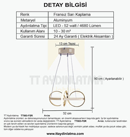 TT003-FSR-GÜN IŞIĞI TT Aydınlatma GÜN IŞIĞI Sarmal Modeli Fransız Sarısı Kaplama Led Avize