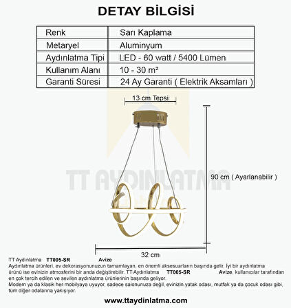 TT005-SR-BYR TT Aydınlatma BEYAZ IŞIK LED Burgu Modeli Gold Sarı Kaplama Led Avize