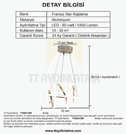 TT005-FSR-GNR TT Aydınlatma GÜN IŞIĞ LED Burgu Modeli Fransız Sarı Kaplama Led Avize