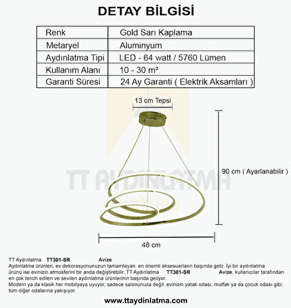 TT301-SR-GNR TT Aydınlatma GÜN IŞIĞI LED Yay Modeli Sarı Kaplama Led Avize