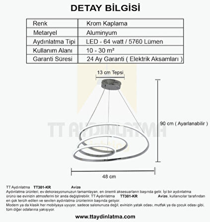 TT301-KR-BYR TT Aydınlatma BEYAZ IŞIK LED Yay Modeli Krom Kaplama Led Avize