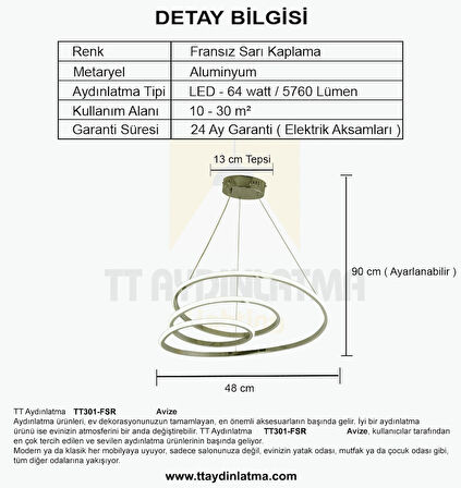 TT301-FSR-BYR TT Aydınlatma BEYAZ IŞIK LED Yay Modeli Fransız Sarısı Kaplama Led Avize