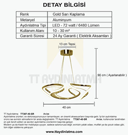 TT307-40-SR-BYR TT Aydınlatma BEYAZ IŞIK LED Helezon Modeli Sarı Kaplama Led Avize