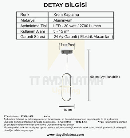 TT006-1-KR-3RN TT Aydınlatma 3 RENK IŞIK LED Minyon Modeli Tekli Krom Kaplama Led Avize