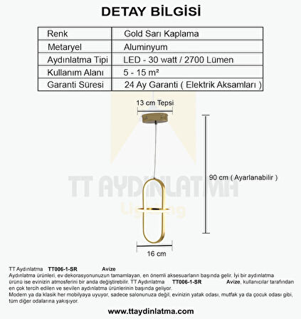 TT006-1-SR-BYR TT Aydınlatma BEYAZ IŞIK LED  Minyon Modeli Tekli Sarı Kaplama Led Avize
