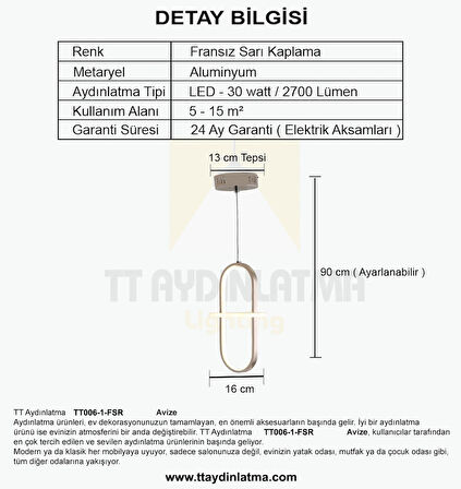 TT006-1-FSR-SRR TT Aydınlatma SARI IŞIK LED Minyon Modeli Tekli  Fransız Sarı Kaplama Led Avize