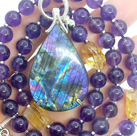 2451 Labradorit Ametist Sitrin Hematit el yapımı kolye