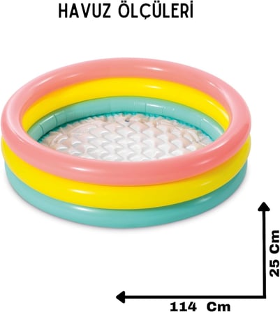 Şişme Yumuşak Tabanlı Renkli 3 Boğumlu Baby Pool Çocuk Bebek Havuzu,114x25 cm ve Pompa+Yama Set, Pompa ve Yama Hediyelidir, Çocuklar İçin Aktivite Aile