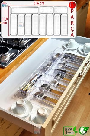 11'li Set Modüler Mutfaklarda Çekmece Içi Kaşıklık Organizer Düzenleyici Şeffaf ŞEFFAF 40 x 50
