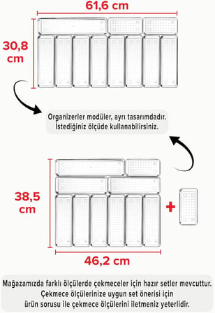 11'li Set Modüler Mutfaklarda Çekmece Içi Kaşıklık Organizer Düzenleyici Şeffaf ŞEFFAF 40 x 50