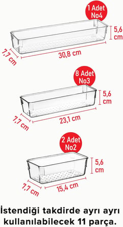 11'li Set Modüler Mutfaklarda Çekmece Içi Kaşıklık Organizer Düzenleyici Şeffaf ŞEFFAF 40 x 50