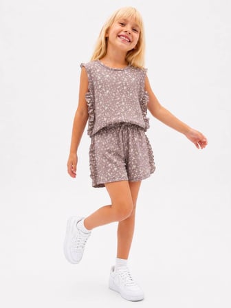 Yigit Butik Kız Çocuk Bürümcük Kumaş Çiçek Desenli Fırfır Detaylı Şortlu Yazlık Takım