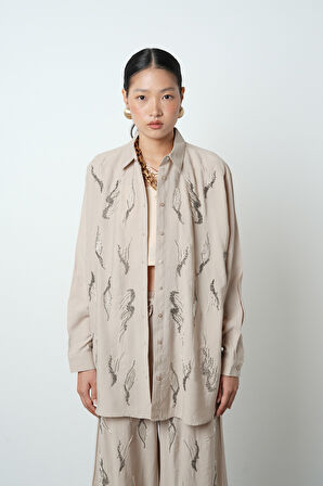 Kadın Önü Taş İşlemeli Düz Renk Oversize Gömlek