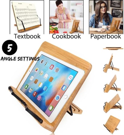 Ahşap Katlanabilir Kitap Okuma Standı - Kitap-Tablet Tutma Standı Bambu-5 Kademeli