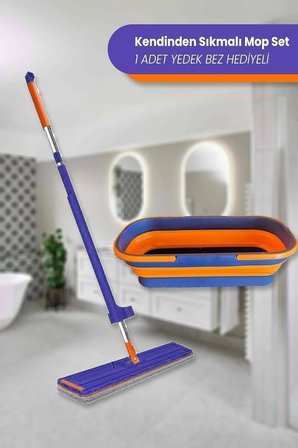 Kendinden Sıkmalı Tekerli Kovalı Mop Seti - Kendinden Sıkmalı Mop Katlanabilir 1 Yedek Bez Kovalı Mop