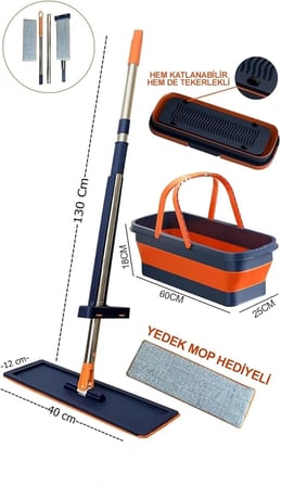 Kendinden Sıkmalı Tekerli Kovalı Mop Seti - Kendinden Sıkmalı Mop Katlanabilir 1 Yedek Bez Kovalı Mop