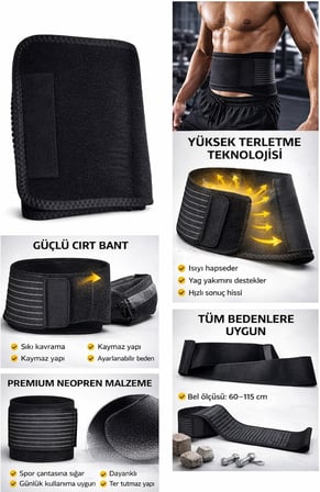 Termal Sauna Kemer, Neopren Malzeme, Bel ve Göbek Eritme, Ayarlanabilir Beden, 60-115 cm, Siyah