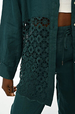 KADIN KOLLARI NAKIŞLI TEK TARAFI FİSTOLU PETROL RENK GÖMLEK