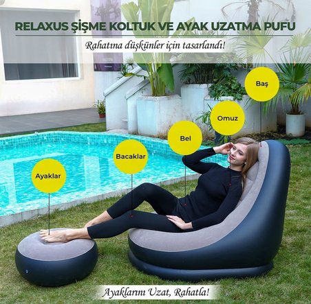Şişme Koltuk ve Ayak Uzatma Pufu – Ev, Kamp, Ofis Kullanımı İçin, Pompa Hediyeli, Taşınabilir
