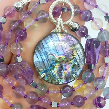 2453 Labradorit Florit Ametist düğümlü el yapımı kolye