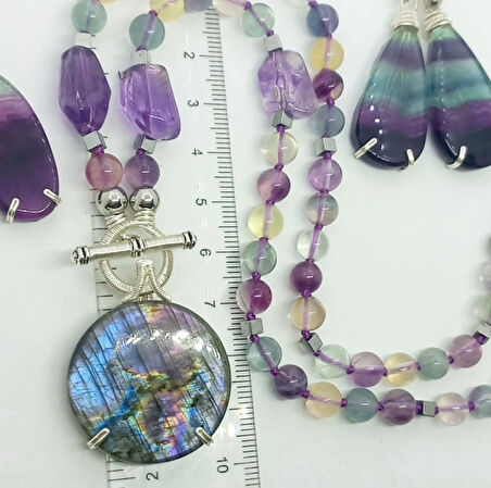 2453 Labradorit Florit Ametist düğümlü el yapımı kolye