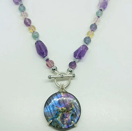 2453 Labradorit Florit Ametist düğümlü el yapımı kolye