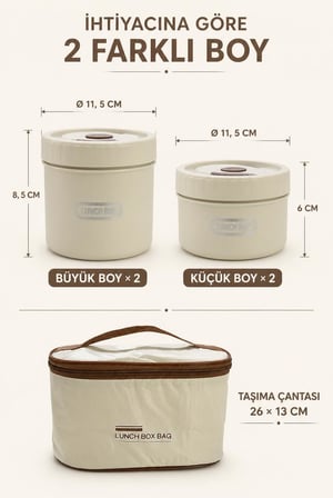 Busstier Isı Yalıtımlı Yemek Termosu ve Lunch Box Çantası, Vidalı Kapaklı PP Dış Gövde ve Metal İç Hazneli Taşınabilir Yemek Kabı Seti (2 Parça)