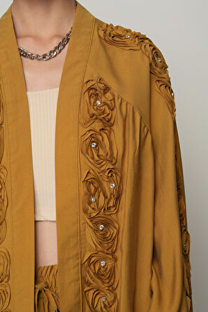 Kadın Şerit Gül ve Taş Detaylı Düz Oversize Kimono