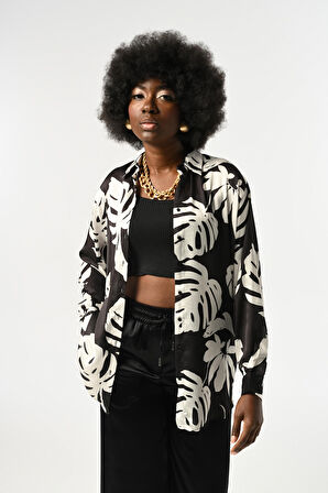 KADIN YAPRAK DESENLİ OVERSİZE KESİM GÖMLEK