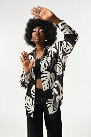 KADIN YAPRAK DESENLİ OVERSİZE KESİM GÖMLEK