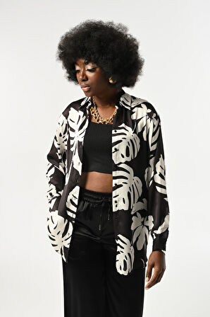 KADIN YAPRAK DESENLİ OVERSİZE KESİM GÖMLEK