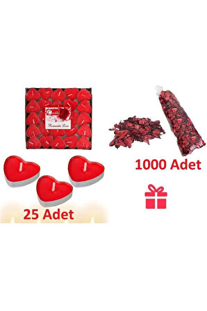 1000 Kuru Gül Yaprağı + 25 Adet Tealight Kalpli Mum Romantik Paket Sevgililer Gününe Özel