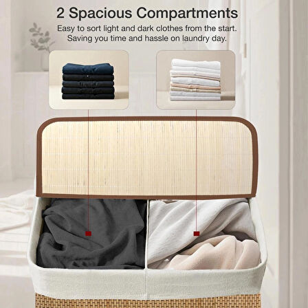 Bambu Kirli Çamaşır Sepeti İki Bölmeli Dikdörtgen Büyük Boy Kirli Sepeti