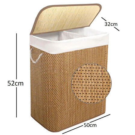 Bambu Kirli Çamaşır Sepeti İki Bölmeli Dikdörtgen Büyük Boy Kirli Sepeti