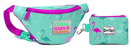 Coral High Flamingo Baskılı Bel Çantası Seti - Pembe/Yeşil