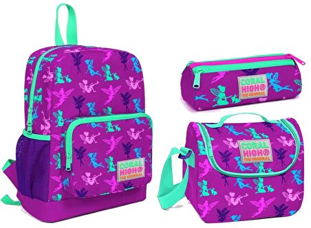 Coral High Anaokul ve İlkokul 1 Sınıf Okul Çantası Seti - Mor Peri Desenli