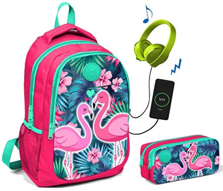 Coral High Pembe/Yeşil Flamingolar Baskılı Okul Çanta Seti - Kız Çocuk
